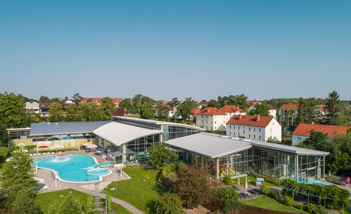 Blick auf den Swimmingpool und die umliegende Landschaft mit Liegen und Pflanzen.
