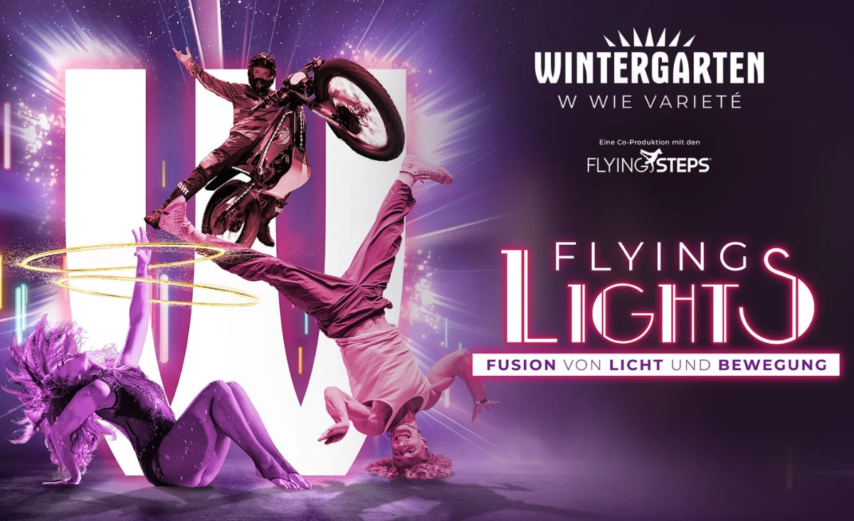 Plakat des Wintergarten Varieté Berlin mit Akrobaten in einer festlichen Atmosphäre.