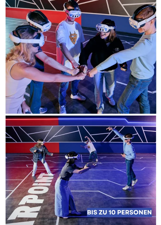 Menschen in Virtual-Reality-Headsets erleben gemeinsam Abenteuer im Virtual-Reality-Park für 10 Personen.