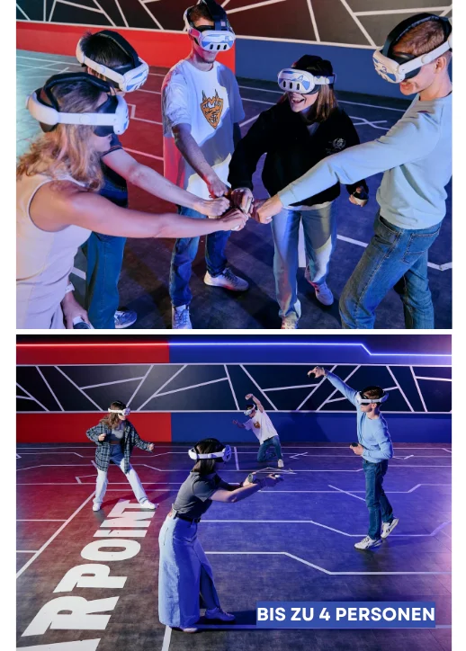 Menschen in Virtual-Reality-Headsets erleben gemeinsam Abenteuer im Virtual-Reality-Park für 4 Personen.