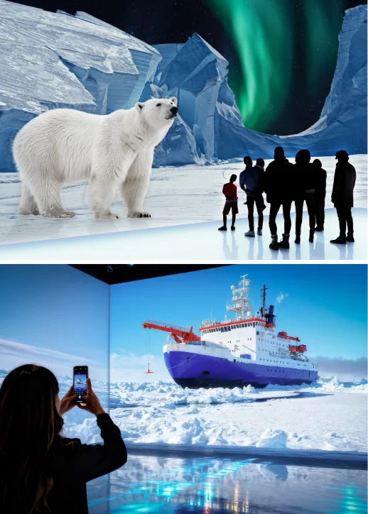In der Ausstellung "POLAR EXPERIENCE" in Berlin sind ein Eisbär und ein Schiff auf einem Bildschirm zu sehen.