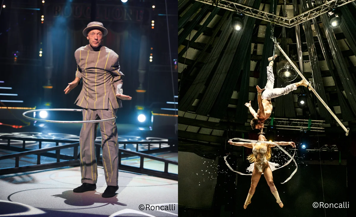 Zwei Bilder: Ein Mann mit Hula-Hoo und ein Paar schwingt in der Luft beim Roncalli Weihnachtscircus.