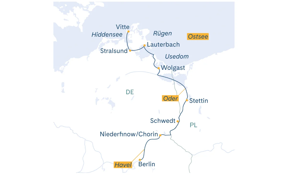 Reise-Karte für eine 8-tägige Flusskreuzfahrt für zwei Personen zu den deutschen Ostseeinseln.