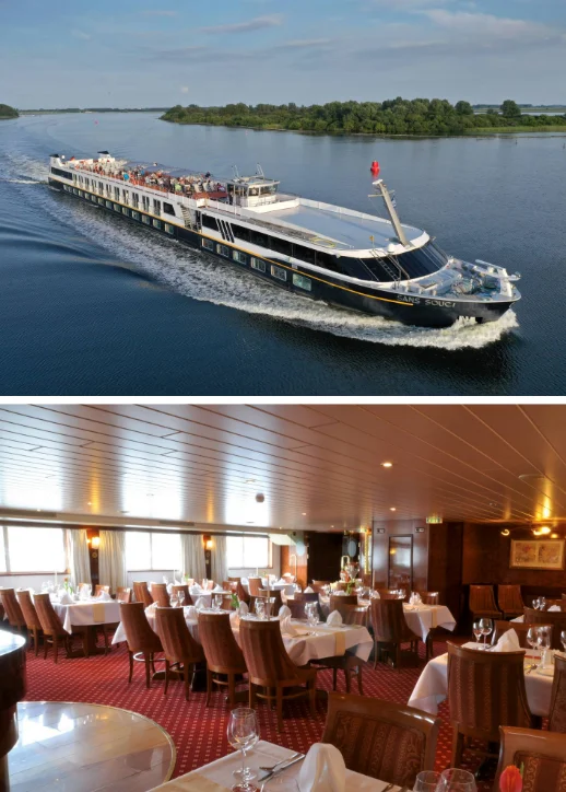 Zwei Bilder: ein Kreuzfahrtschiff und ein Restaurant, das eine Flussreise von Berlin-Spandau nach Magdeburg darstellt.