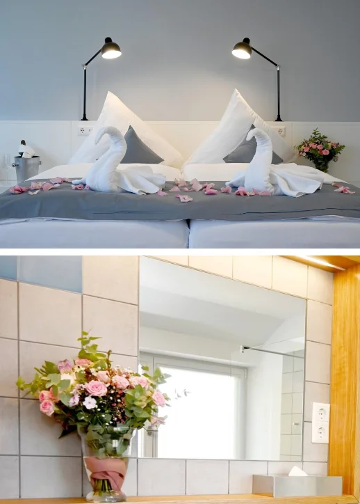 Zwei Bilder eines Hotelzimmers mit Bett, Spiegel und einer Vase mit Blumen im Hotel Brandenburger Dom in Brandenburg an der Havel.
