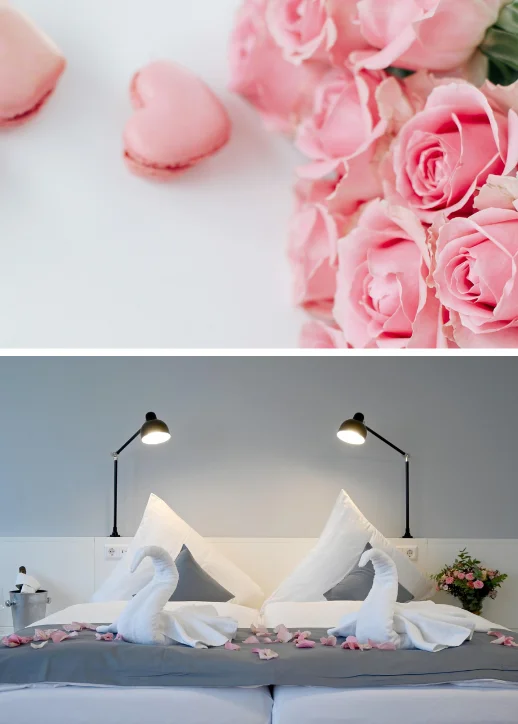 Zwei Ansichten eines Bettes mit rosa Rosen und weißer Bettwäsche im Hotel Brandenburger Dom in Brandenburg an der Havel.