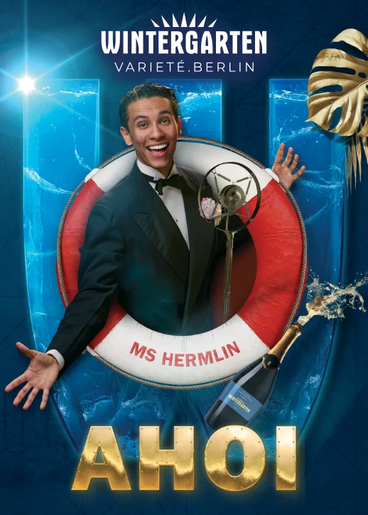 Poster für Wintergarten Ahoi in Berlin, das eine lebendige Wasserlandschaft mit Pflanzen und maritimen Elementen zeigt.