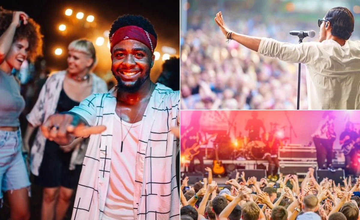 Im Vordergrund steht eine Person mit ausgebreiteten Armen, die ein helles Hemd mit Karomuster trägt. Im Hintergrund sind weitere Menschen zu sehen, die sich in einer festlichen Atmosphäre bewegen. Die rechte Bildhälfte zeigt zwei Szenen: Oben steht eine Person mit ausgestrecktem Arm vor einer großen Menschenmenge und singt in ein Mikrofon, unten sind erhobene Hände vor einer Bühne mit Musikern und farbigen Lichtern zu erkennen. Die Bildkomposition vermittelt das lebendige Treiben und die Vielfalt kultureller Veranstaltungen in Berlin.