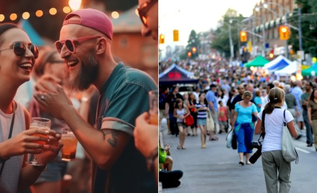 Links steht eine Gruppe von Menschen in entspannter Atmosphäre, einige halten Biergläser in der Hand. Im Hintergrund sind Lichterketten und unscharfe Gebäude zu erkennen. Rechts befindet sich eine belebte Straßenszene mit zahlreichen Menschen, die auf einer breiten Straße zwischen Marktständen und Zelten unterwegs sind. Die Szenerie vermittelt den Eindruck eines sommerlichen Straßenfestes oder einer kulturellen Veranstaltung in Berlin.
