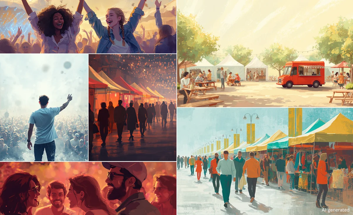 Ki generierte Collage von einem Markt und Bühne mit fröhlichen Leuten.