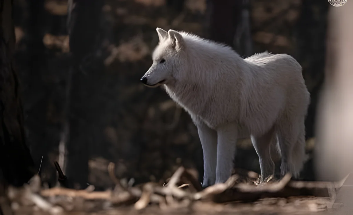 Ein weißer Wolf inmitten eines bewaldeten Gebiets, umgeben von Bäumen.
