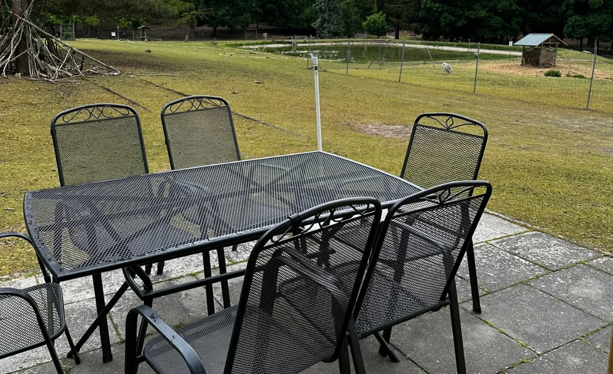 Metalltisch mit sechs passenden Stühlen auf gepflasterter Terrasse vor einer Wiese mit Zaun und Tiergehege im Wildtierpark Johannismühle