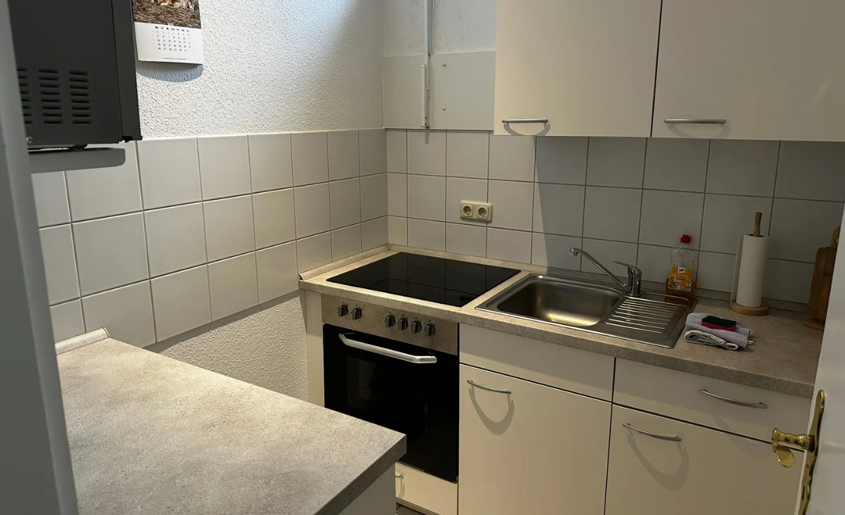 Kleine Küche mit Cerankochfeld, Spüle, weißen Schränken und grauen Arbeitsflächen in einer Ferienwohnung im Wildpark Johannismühle