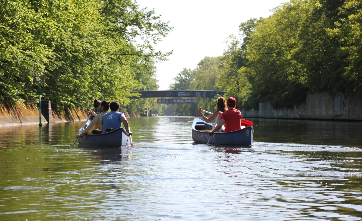 Zwei Kanus mit jeweils zwei Personen paddeln auf einem von Bäumen gesäumten Fluss unter einer Brücke hindurch. Die Szene vermittelt den Eindruck einer geführten Sightseeing-Gruppen-Tour auf dem Wasser.