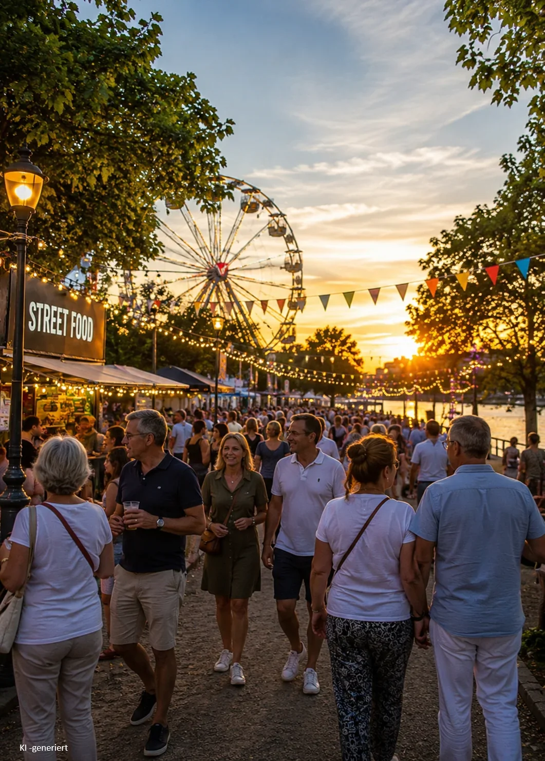 Menschenmenge auf dem Treptower Park Fest mit Street-Food-Stand, Girlanden und einem Riesenrad im Hintergrund bei Sonnenuntergang