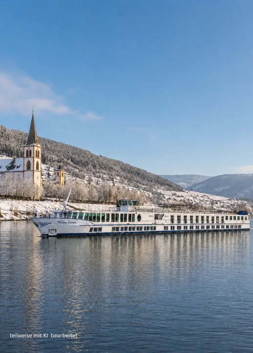 Die MS Thurgau Saxonia mit winterlicher Landschaft im Hintergrund.