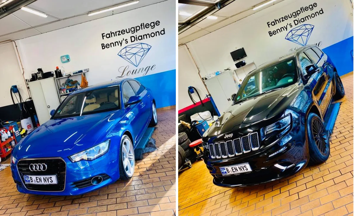 Zwei Fahrzeuge in der Fahrzeugpflege Benny´s Diamond Lounge: ein blauer Audi und ein schwarzer Jeep, beide mit Berliner Kennzeichen, in einer hellen Werkstatt mit weiß-blauem Wandlogo.