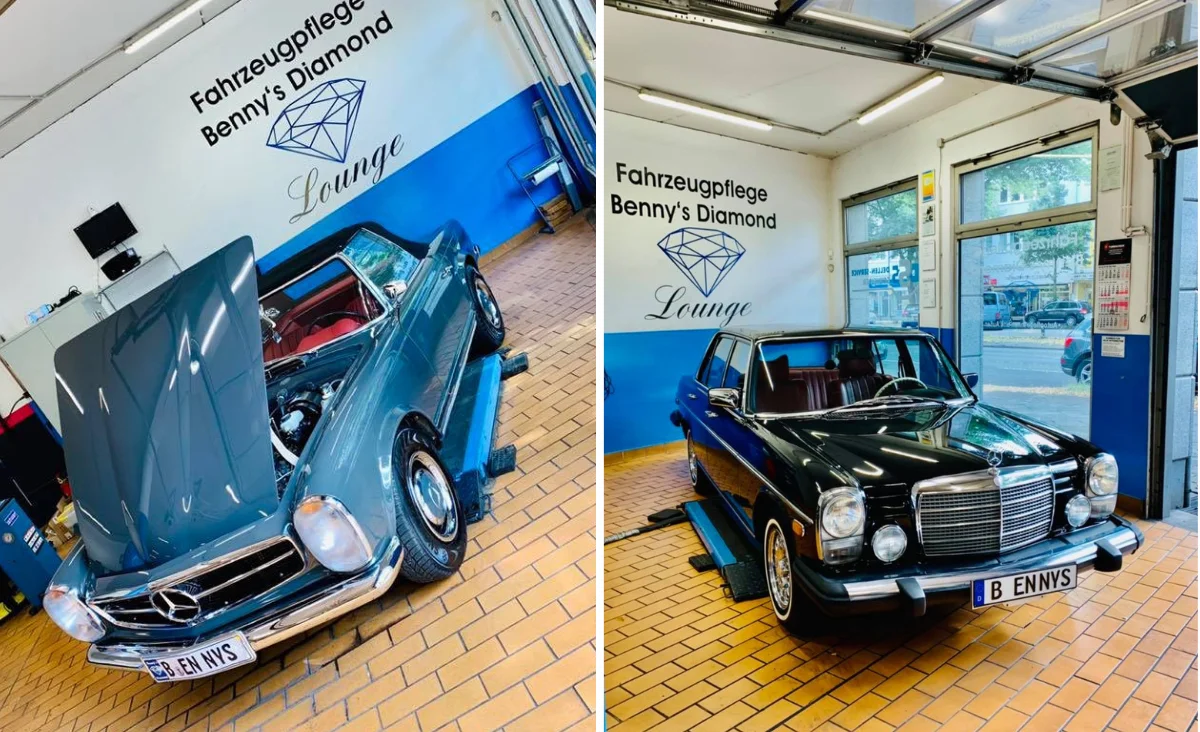 Zwei klassische Mercedes-Benz-Fahrzeuge in der Fahrzeugpflege Benny´s Diamond Lounge in Berlin,