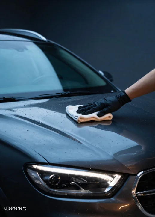 Eine Person trägt einen schwarzen Handschuh und wischt mit einem hellen Mikrofasertuch die Motorhaube eines dunklen Fahrzeugs ab. Wassertropfen sind auf dem Lack sichtbar. Der Fokus liegt auf der professionellen Fahrzeugpflege, passend zum Kontext von Benny´s Diamond Berlin.