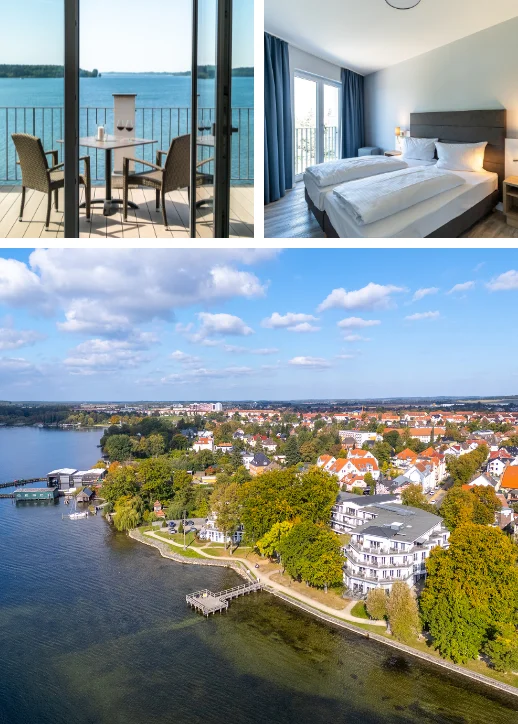 Drei Ansichten des Aparthotels Müritzpalais: Balkon mit Tisch und Stühlen mit Blick auf den See, modernes Schlafzimmer mit zwei Betten und Fensterfront, Luftaufnahme des Hotels am Ufer mit angrenzender Stadt und See