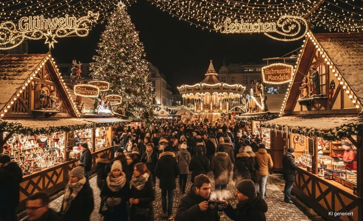 Weihnachtsmarkt mit beleuchteten Ständen, Weihnachtsbaum und Karussell, viele Besucher in Winterkleidung
