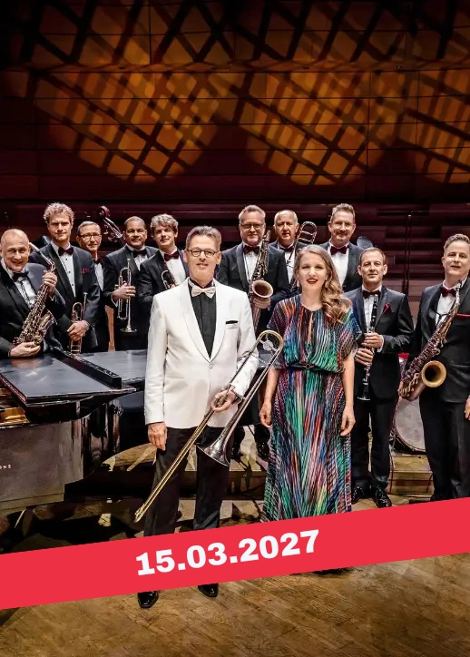 Glenn Miller Orchestra Ensemble mit Sängerin und rotem Datumsbanner am 15.03.2027