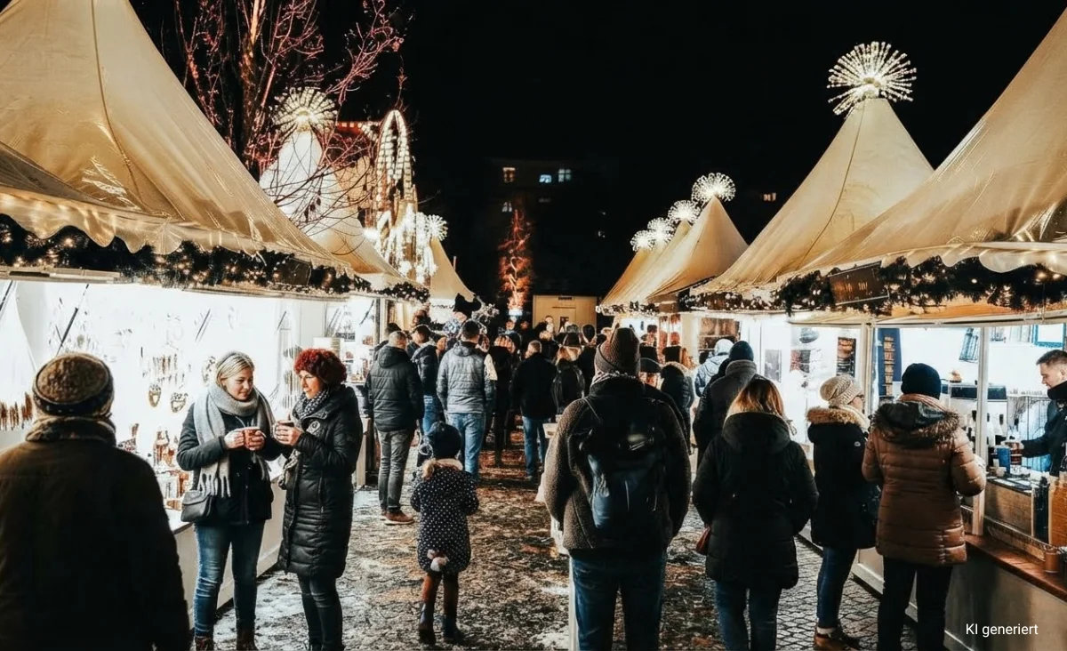 Menschenmenge vor einem beleuchteten Torbogen und einem geschmückten Weihnachtsbaum