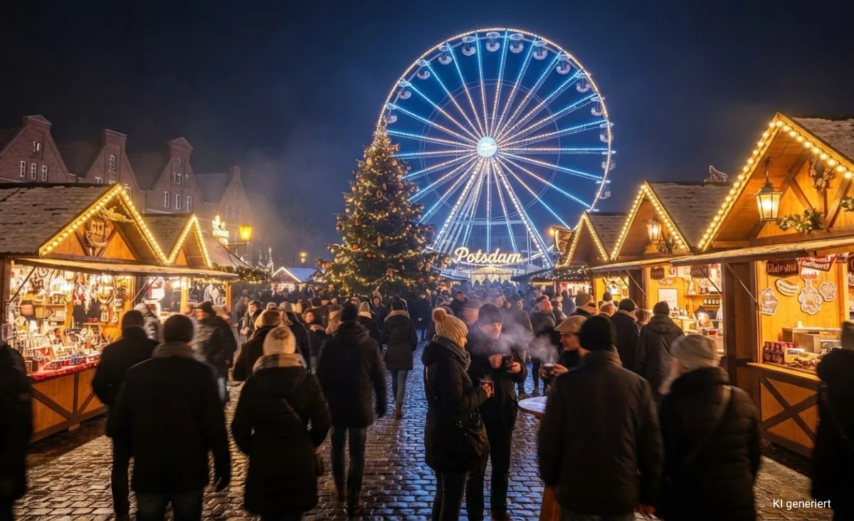 Beleuchtetes Riesenrad und Schriftzug 'Potsdamer Weihnachtszauber' auf dem Potsdamer Weihnachtsmarkt bei Nacht